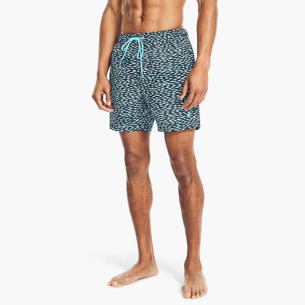 Nautica Swim Trunks Shorts Mens Navy Blue Fish Print Drawstring Waist FTS1026